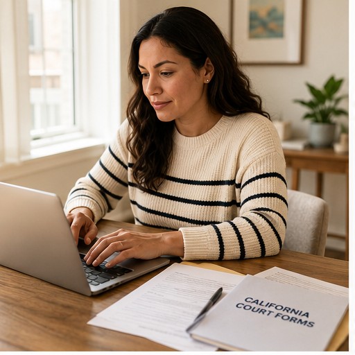 A client completing California court forms on a laptop at home
