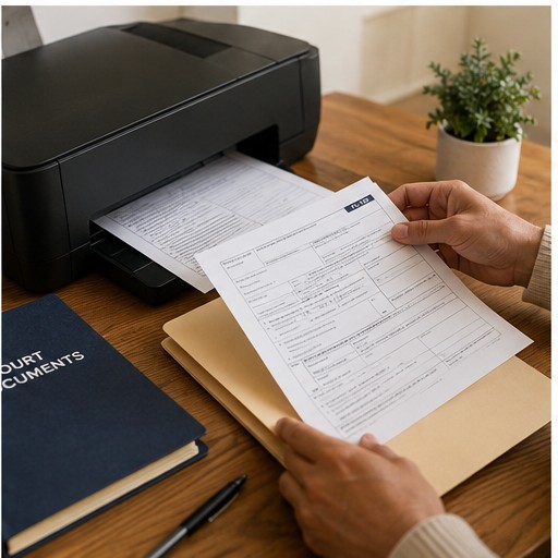 Completed court forms coming off a printer, ready for filing