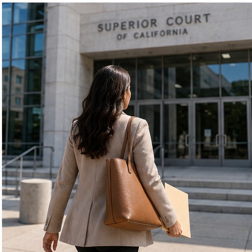 A client arriving at the Superior Court of California with a folder of court documents